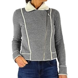 Splendid Sherpa Asymmetrical Zip-Up Jacket Faux Fur Collar Size Small Grey